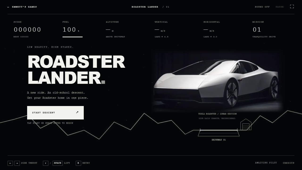 Roadster Lander title screen with a silver Roadster photograph and a white vector lunar landscape